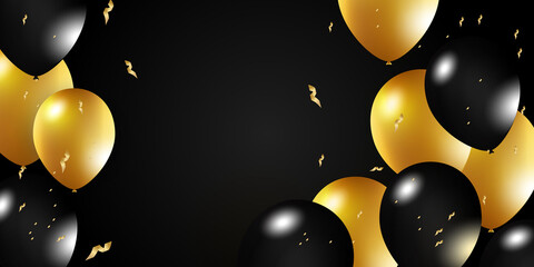 Festive background with helium balloons. Celebrate a birthday, Poster, banner happy anniversary. Realistic decorative design elements. Vector 3d object ballon, black and gold color.
