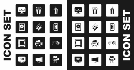 Set Paper glass with water, Cinema ticket, CD disk award frame, 3D cinema glasses, Buy online, Popcorn cardboard box, Movie, film, media projector and Play video icon. Vector