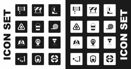 Set Fire boots, bucket, flame in triangle, hose reel, Road barrier, sprinkler system and Firefighter helmet icon. Vector