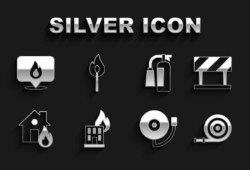 Set Fire in burning building, Road barrier, hose reel, Ringing alarm bell, house, extinguisher, Location with fire flame and Burning match icon. Vector