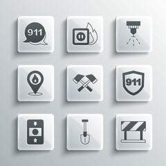 Set Fire shovel, Road barrier, Emergency call 911, Firefighter axe, alarm system, Location with fire flame, and sprinkler icon. Vector