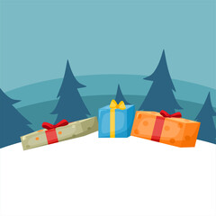 A Christmas card with Christmas trees, gifts and a place to write. Vector cartoon illustration