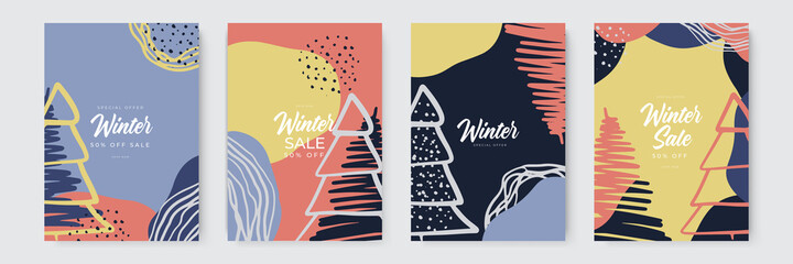 Set of abstract winter backgrounds. Colorful winter banners with falling snowflakes, snowy trees. Wintry scenes. Use for event invitation, discount voucher, ad.