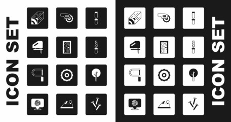 Set Chisel tool, Closed door, Electric jigsaw, Wooden beam, Rasp metal file, circular, Tree and Hacksaw icon. Vector