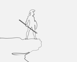 Continuous line, Spartan hoplite standing on the cliff with spear and shield. Drawing of set War. (Vector illustration one line drawing)