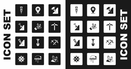 Set Construction jackhammer, Gem stone, Shovel and, Pickaxe, and icon. Vector