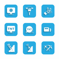 Set Dynamite, Shovel and stone, Pickaxe, Flashlight, Construction jackhammer, Gem and icon. Vector