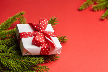 Gift box with green Christmas tree branch on red