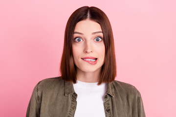 Photo of crazy worry bob hairstyle millennial lady bite lip wear jeans shirt isolated on pink color...