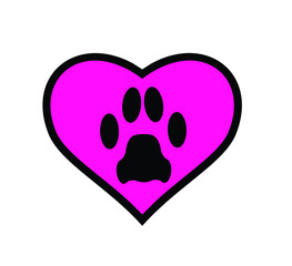 Dog paw print on heart background, pet, template, icon 