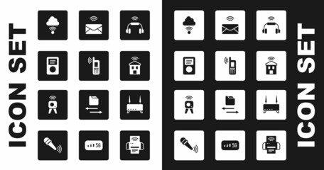 Set Smart headphones system, Mobile with wi-fi wireless, Music player, Network cloud connection, home, Mail and e-mail, Router signal and Web camera icon. Vector