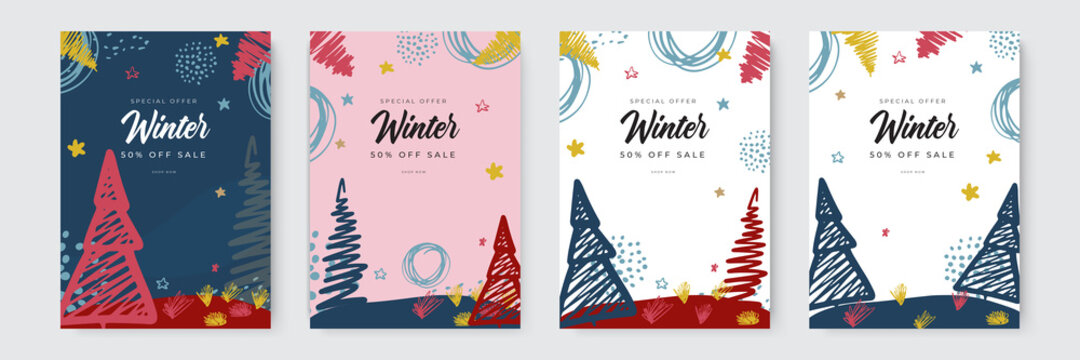 Set Of Abstract Winter Backgrounds. Colorful Winter Banners With Falling Snowflakes, Snowy Trees. Wintry Scenes. Use For Event Invitation, Discount Voucher, Ad.