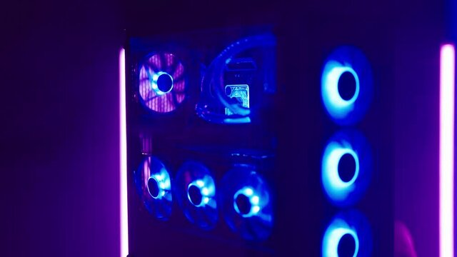 Cyberspace blue gaming computer case with fans and water cooling and neon lights