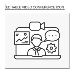  Online interview line icon. Job presentation on computer. Video conference concept. Isolated vector illustration. Editable stroke