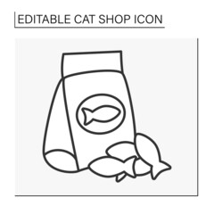  Snack line icon. Tasty dry food for cats in packing. Crispy fish biscuits. Shop concept. Isolated vector illustration. Editable stroke