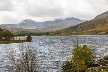 Welsh lake Llynnau Mymbyr from Capel Curig, Snowdon in background.