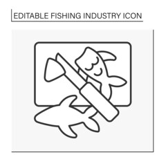  Butchering fish line icon. Fillet. Remove fish from bones and head. Cutting. Fishing industry concept. Isolated vector illustration. Editable stroke