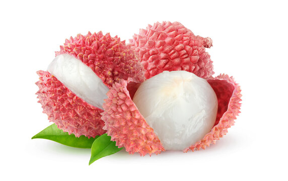 Isolated lichee. Three fresh peeled lichi fruits isolated on white background
