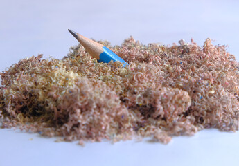Blue pencils and pencil shavings and colored graphite scraps from a sharpener. piled up on a white...