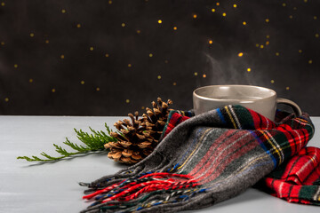 Hot winter tea in a gray mug, pine cones, pine branches and a plaid scarf - rural still life, gray background with fairy lights © Alessandra Finding