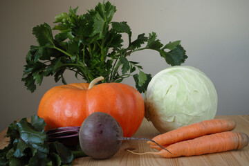 Vegetables, still life. Vegetable harvest in autumn. Beautiful ripe vegetables.