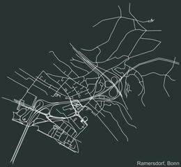 Detailed negative navigation urban street roads map on dark gray background of the quarter Ramersdorf sub-district of the German capital city of Bonn, Germany