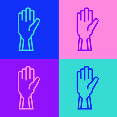 Obraz premium Pop art line Protective gloves icon isolated on color background. Vector