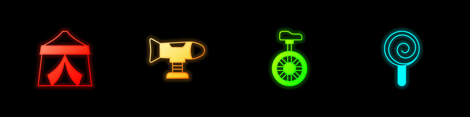 Set Circus tent, Swing plane, Unicycle or one wheel bicycle and Lollipop icon. Vector © Kostiantyn