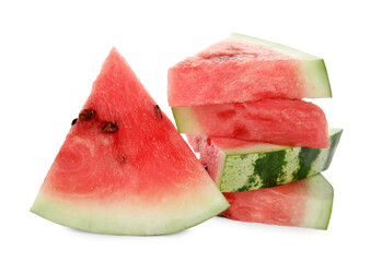 Slices of delicious ripe watermelon on white background