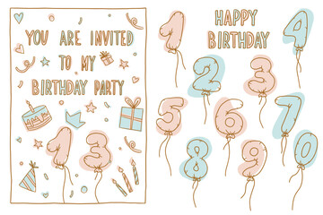 Air ballon party invitation template vector. Flat style party illustrations