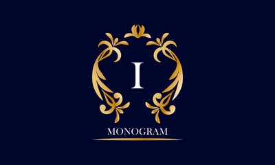 Obraz premium Golden elegant monogram on a black background with the inscription and the letter I in white. Vector heraldic illustration. Luxury ornament sign, restaurant, boutique, cafe, hotel