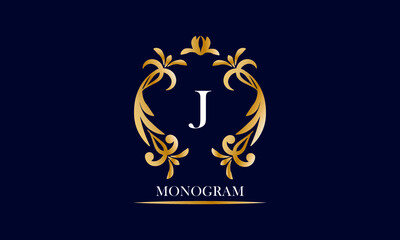 Golden elegant monogram on a black background with the inscription and the letter J in white. Vector heraldic illustration. Luxury ornament sign, restaurant, boutique, cafe, hotel