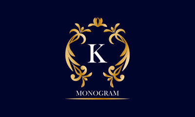Golden elegant monogram on a black background with the inscription and the letter K in white. Vector heraldic illustration. Luxury ornament sign, restaurant, boutique, cafe, hotel