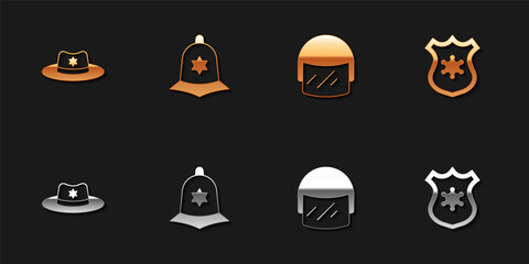 Set Sheriff hat with badge, British police helmet, Police and icon. Vector
