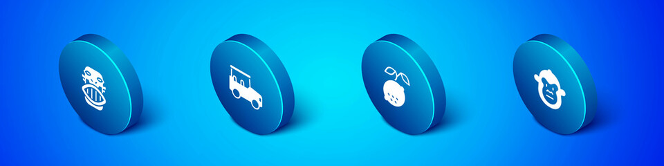Set Isometric Mexican mayan or aztec mask, Lemon, Monkey and Safari car icon. Vector