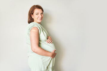 Pregnant woman visit doctor center. Gynecology maternity treatment. Vaccine bandage. Medical...