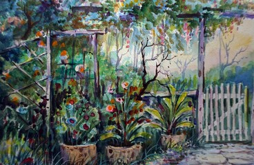 Watercolor painting art class , Flowers in garden