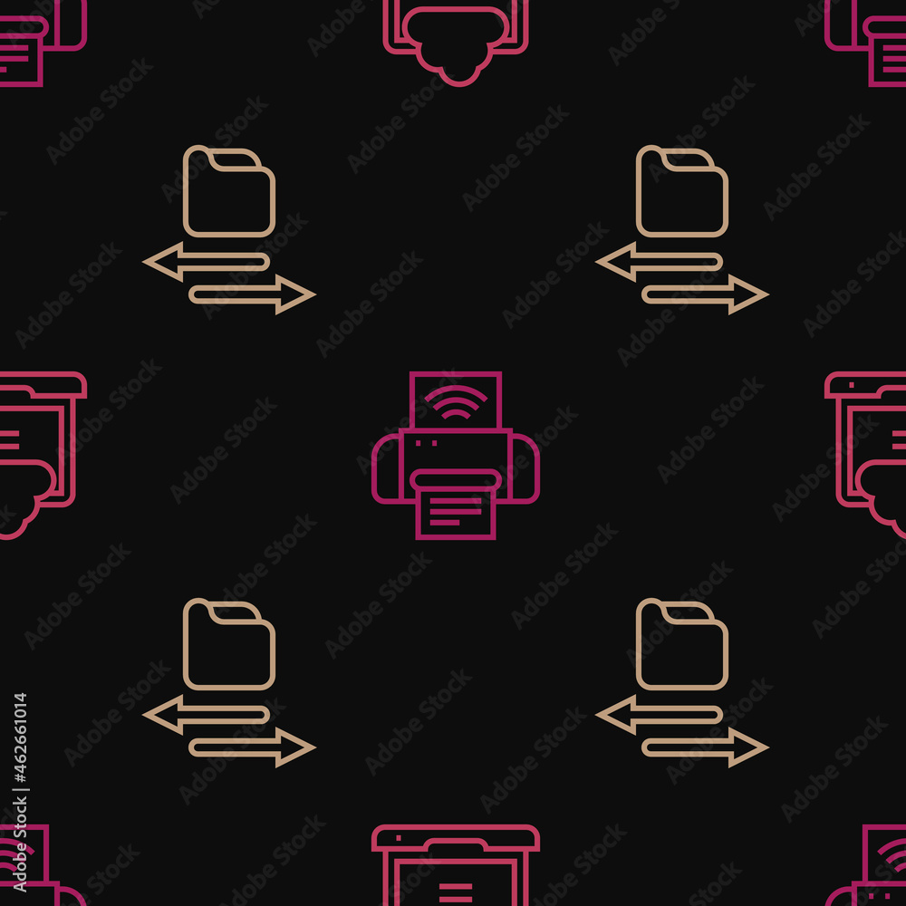 Poster set line network cloud connection, transfer files and smart printer system on seamless pattern. vect