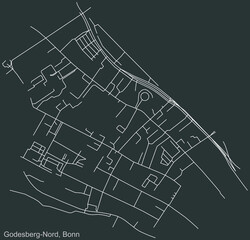 Detailed negative navigation urban street roads map on dark gray background of the quarter Godesberg-Nord sub-district of the German capital city of Bonn, Germany