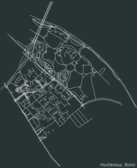Detailed negative navigation urban street roads map on dark gray background of the quarter Hochkreuz sub-district of the German capital city of Bonn, Germany