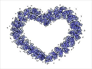 Hand drawn vector lavender wreath isolated on white background. Heart frame. Template for greeting card. Cute botanical illustration for wedding invitations, print, web, design, decor.