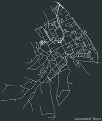Detailed negative navigation urban street roads map on dark gray background of the quarter Lannesdorf sub-district of the German capital city of Bonn, Germany