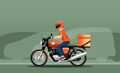 Illustration of a delivery man in motion on a motorcycle against a background of traffic.