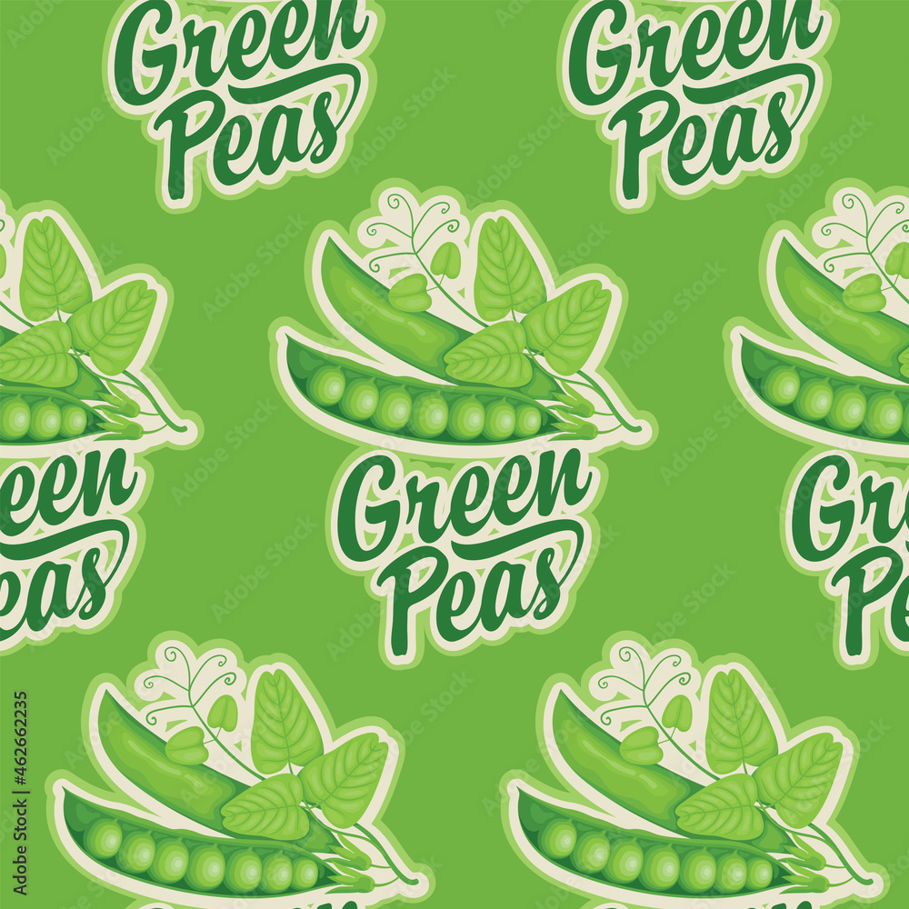Poster seamless pattern with green peas and inscriptions on a green backdrop in retro style. vector repeati