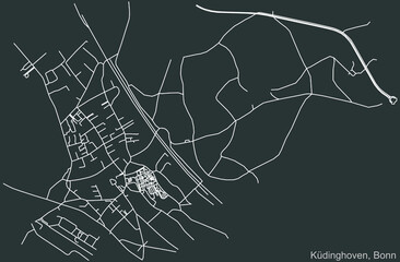 Detailed negative navigation urban street roads map on dark gray background of the quarter Küdinghoven sub-district of the German capital city of Bonn, Germany
