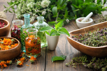 Bottles of essential oil or infusion of herbs - calendula, mint, thuja, monarda bergamot, rosemary....