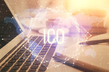 Double exposure of crypto technology drawing and desktop with coffee and items on table background. Concept of blockchain