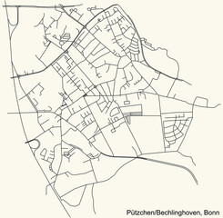 Detailed navigation urban street roads map on vintage beige background of the quarter Pützchen/Bechlinghoven sub-district of the German capital city of Bonn, Germany