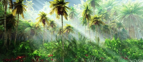 Jungle, rainforest during the plank, palm trees in the morning in the fog, jungle in the haze, 3D rendering