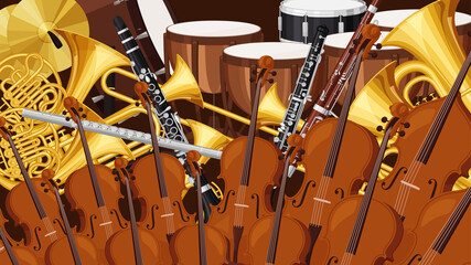 オーケストラの楽器が並んだ背景イラスト_16:9 © ふわぷか